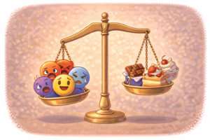 Illustration d’une balance où les émotions pèsent plus lourd que le chocolat et les desserts, symbolisant l’alimentation émotionnelle et le lien entre émotions et prise de poids.