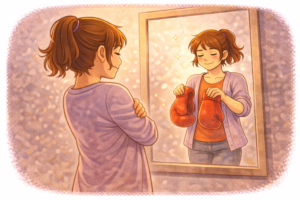 Jeune femme en illustration style BD se regardant dans un miroir, où son reflet enlève des gants de boxe, symbolisant l’arrêt de la lutte contre soi.