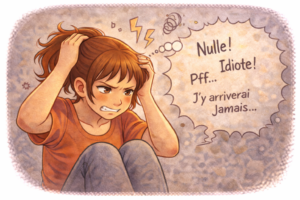 Jeune femme en illustration style BD se tenant la tête avec une expression de détresse, accompagnée d’une bulle contenant des pensées négatives et culpabilisantes.