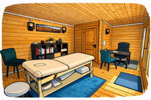 Illustration représentant un cabinet de kinésiologie. On y voir l’intérieur du cabinet, avec la table de pratique.