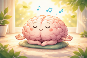 Illustration d’un cerveau joyeux et apaisé représentant une charge mentale allégée