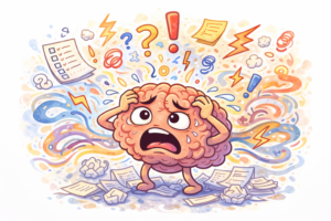 Illustration d’un cerveau débordé représentant la charge mentale et le trop-plein de pensées