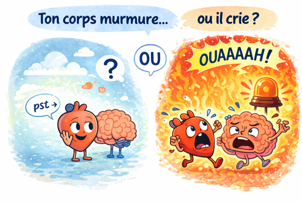 Illustration montrant un cœur et un cerveau en deux états : un côté calme où ils communiquent doucement, et un côté en alerte où ils réagissent de manière intense.