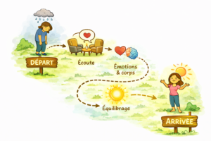 Image illustrant le déroulé d’une séance de kinésiologie. On voit un point de départ avec un bonhomme pas bien et triste, ensuite un pictogramme qui symbolise l’écoute, un autre sur les émotions puis un cheminement vers l’équilibre et enfin un panneau d’arrivée avec un bonhomme qui se sent bien et est heureux