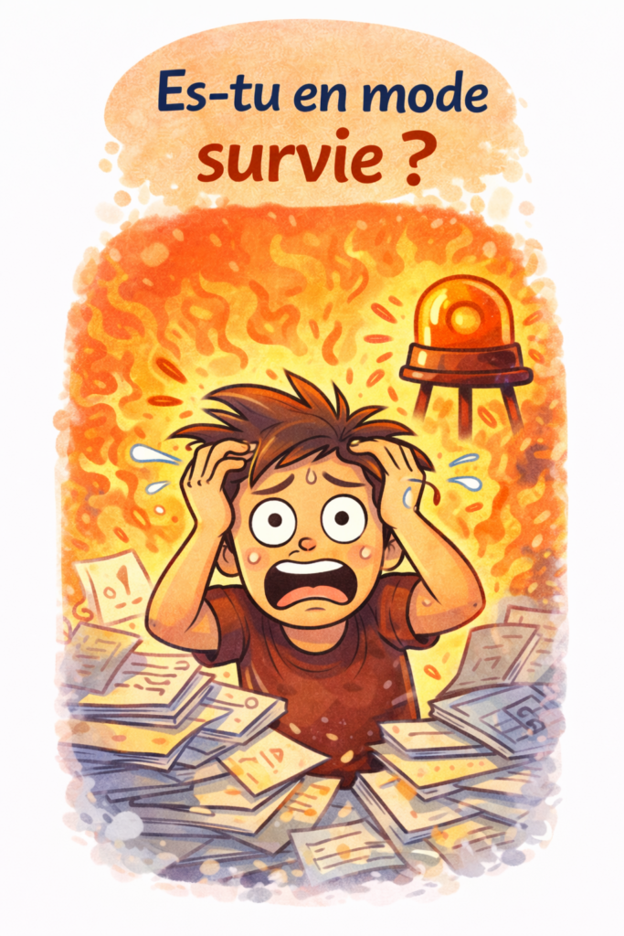 Illustration montrant une personne submergée par le stress, entourée de papiers et d’une alarme, symbolisant un état de mode survie.