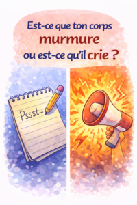 Illustration représentant deux modes d’expression du corps : un message discret symbolisé par un murmure et un message intense symbolisé par un cri.