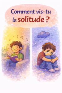 Illustration style BD montrant deux façons de vivre la solitude : à gauche un garçon heureux lisant seul dans une ambiance chaleureuse, à droite le même garçon triste sous un nuage pluvieux, avec le titre « Comment vis-tu la solitude ? ».