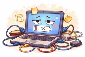 Illustration d’un ordinateur surchargé à 1 % de batterie représentant la charge mentale et la fatigue mentale