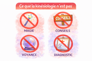 Image illustrant ce que la kinésiologie n’est pas : on peut y voir une baguette magique (pour symboliser la magie), un panneau conseils, une boule de cristal (pour symboliser la voyance) et un bloc de note (pour le diagnostic). Tous ces pictogrammes sont barrés.