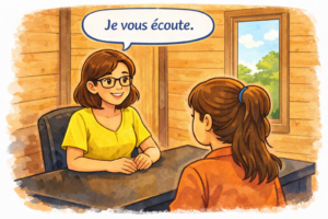 Image illustrant le début d’une séance de kinésiologie. La kinésiologue indique à la personne assise en face d’elle qu’elle est à son écoute.