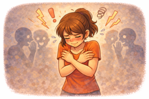 Jeune femme en illustration style bande dessinée se serrant les épaules avec un air honteux, tandis que des silhouettes en arrière-plan semblent chuchoter et la juger.