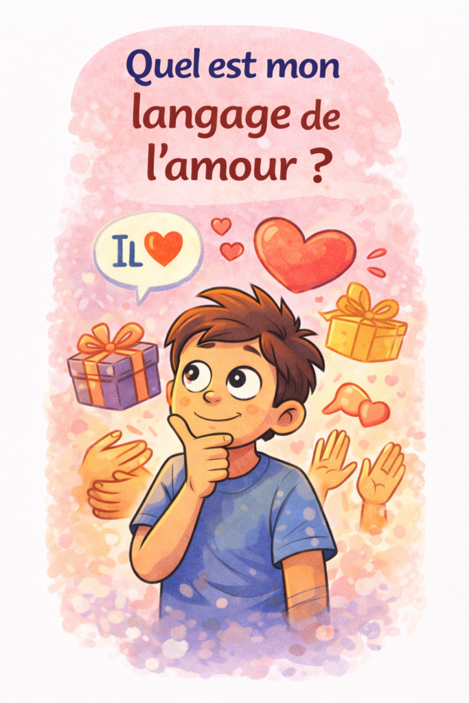 Illustration représentant une personne qui réfléchit à sa manière d’exprimer et de recevoir l’amour, avec des symboles comme des cœurs, des cadeaux et des gestes d’affection.