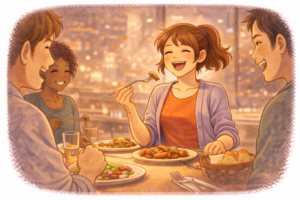 Jeune femme souriante en illustration style BD partageant un repas au restaurant avec des amis, symbole de plaisir et d’absence de culpabilité alimentaire.