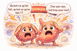 Illustration d’un cerveau et d’un estomac paniqués en mode alerte, représentant les effets du stress chronique sur le système nerveux et la digestion.