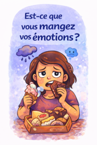 Illustration représentant une personne qui mange des aliments réconfortants en lien avec ses émotions, symbolisant l’alimentation émotionnelle.