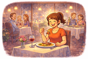 Photo illustrant le plaisir d’être seule : une jeune femme mange seule à une table de restaurant et apprécie son repas en souriant.