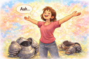 Illustration d’une femme enlevant une armure lourde et respirant librement, représentant la libération du stress et le retour à la sécurité intérieure.