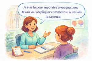 Illustration d’une séance de kinésiologie montrant un échange entre une kinésiologue et une personne, dans un cadre d’écoute et de bienveillance.