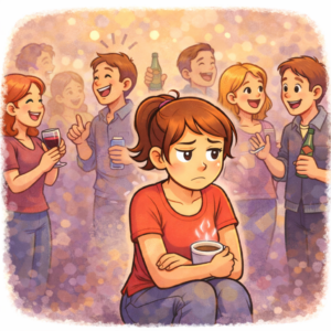 Image représentant le sentiment de solitude : en arrière plan une soirée avec des gens qui rigolent et en premier plan une personne seule et attristée