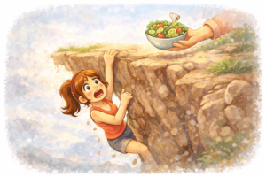 Illustration du stress chronique et de la prise de poids : une femme suspendue à une falaise pendant qu’on lui tend une salade, symbolisant le corps en mode survie qui ne priorise pas la digestion.