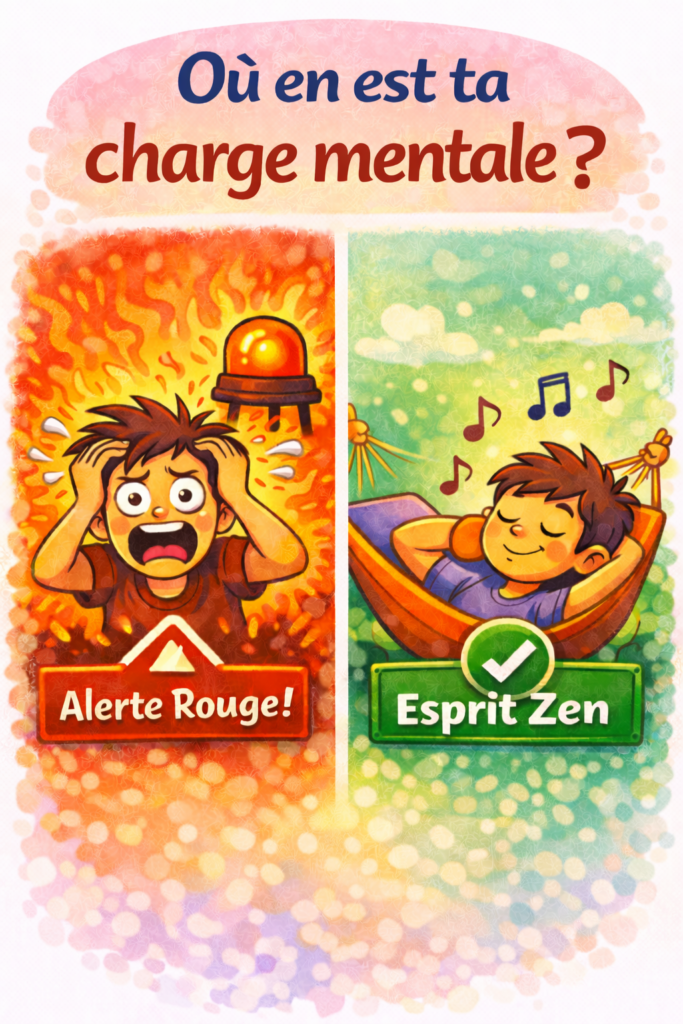 Illustration comparant une charge mentale en alerte rouge et un esprit zen apaisé pour un test sur la charge mentale