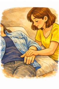 Ilustration du test musculaire utilisé en kinésiologie. Une personne est allongée. Le praticien est debout et pratique une pression douce sur le bras de la première personne.