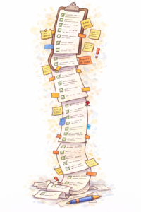 Illustration d’une to-do list interminable représentant la charge mentale et l’accumulation des tâches