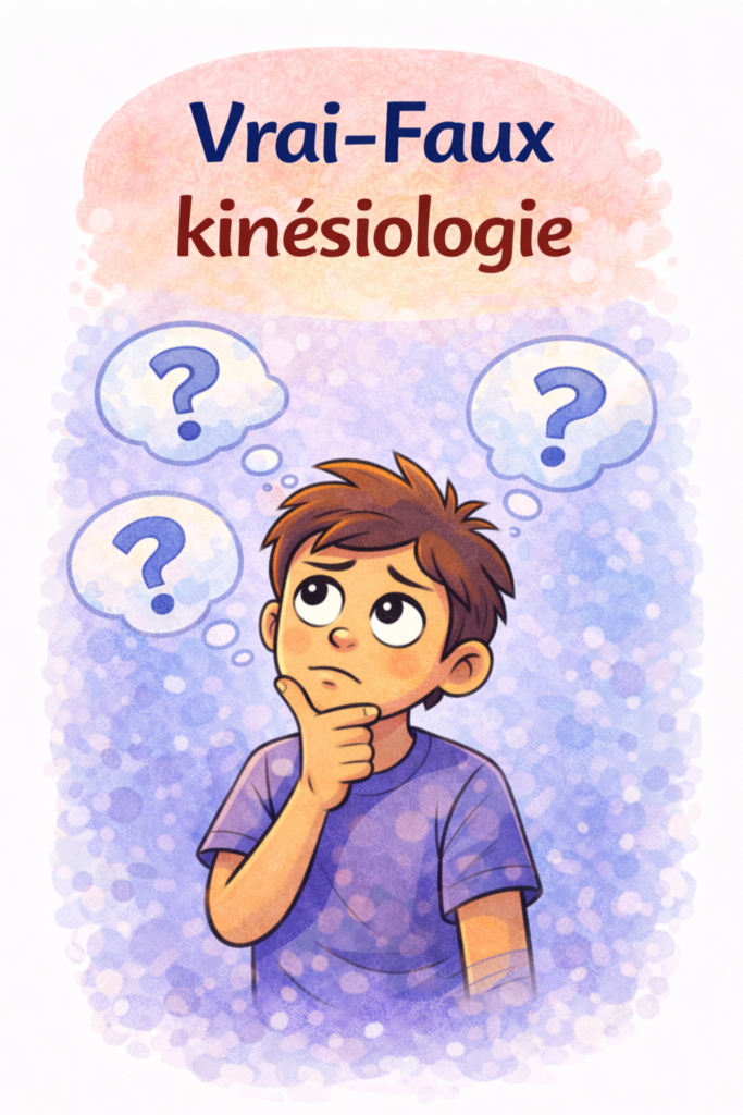 Illustration d’un personnage qui réfléchit avec des points d’interrogation autour de la kinésiologie - quiz vrai/faux