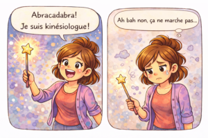 Bande dessinée montrant une femme qui agite une baguette magique en pensant devenir kinésiologue, puis déçue car rien ne se passe, illustrant que la kinésiologie n’est pas un don magique.