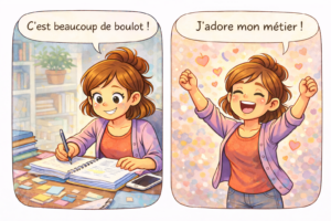 Bande dessinée montrant une femme en formation de kinésiologie qui révise en disant que c’est beaucoup de travail, puis heureuse d’exercer son métier de kinésiologue.