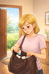 Illustration sur les allergies saisonnières. On voit une femme se préparer à sortir dehors avec un sac rempli d’antihistaminiques.