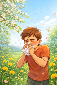 Cette image illustre les allergies saisonnières : un jeune homme dans la nature a les yeux rougis et le nez qui coule.